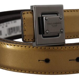 Gold Leather Silver Square Metal Buckle Belt
