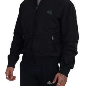 Black Nylon Logo Bomber Zipper Jacket