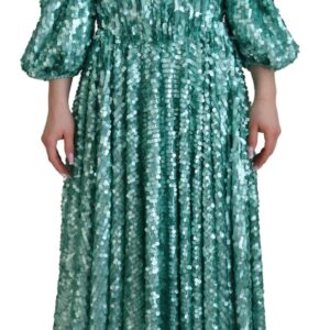 Blue Sequined Pleated Aline Midi Nylon Dress