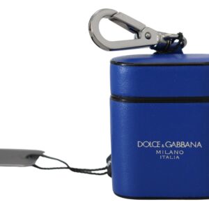 Blue Leather Silver Metal Logo Airpods Case
