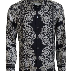 Blue Silk Floral Baroque Satin Casual Shirt