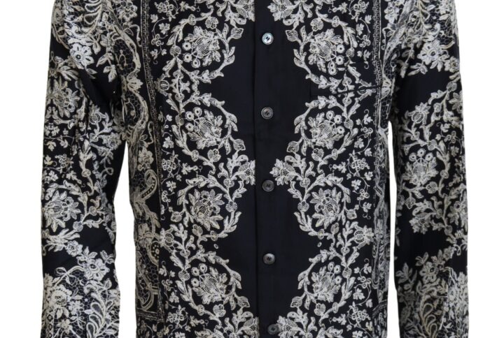 Blue Silk Floral Baroque Satin Casual Shirt - Jag Couture London