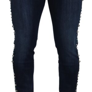 Blue Cotton Studded Low Waist Denim Jeans