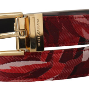 Red Jacquard Rose Leather Gold Metal Buckle Belt
