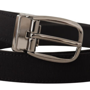 Black Grosgrain Leather Silver Logo Buckle Belt