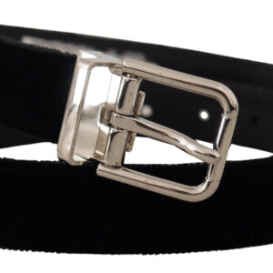Black Velvet Silver Tone Metal Logo Buckle Belt