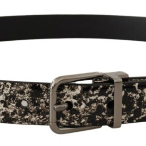 Black Marble Print Leather Silver Logo Buckle Belt