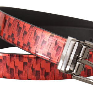 Red Herringbone Leather Gray Tone Buckle Belt