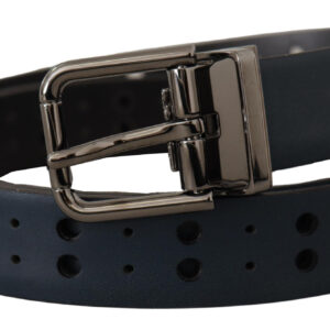 Blue Perforated Skinny Leather Metal Buckle Belt