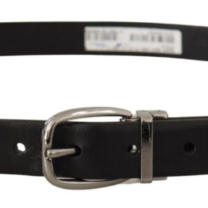 Black Leather Chrome Logo Metal Buckle Belt