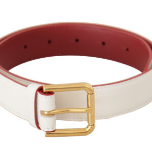 White Calf Leather Two-Toned Gold Metal Buckle Belt