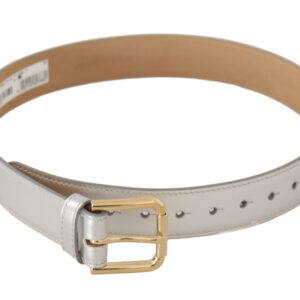 Silver Leather Gold Tone Logo Metal Buckle Belt