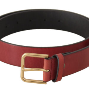 Red Leather Gold Logo Engraved Metal Buckle Belt
