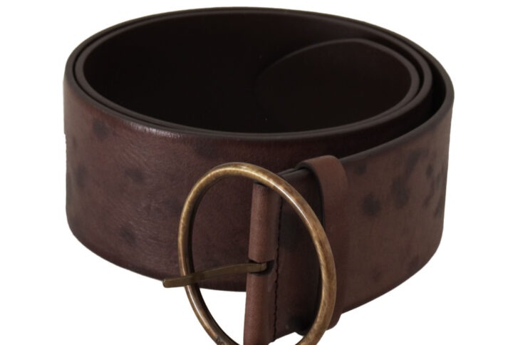 Dark Brown Wide Calf Leather Logo Round Buckle Belt - Jag Couture London