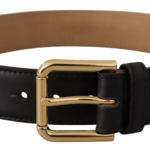 Black Solid Leather Classic Gold Waist Buckle Belt