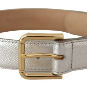 Silver Leather Gold Tone Logo Metal Waist Buckle Belt