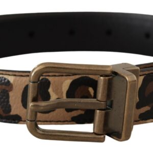 Brown Leather Leopard Print Bronze Metal Buckle Belt