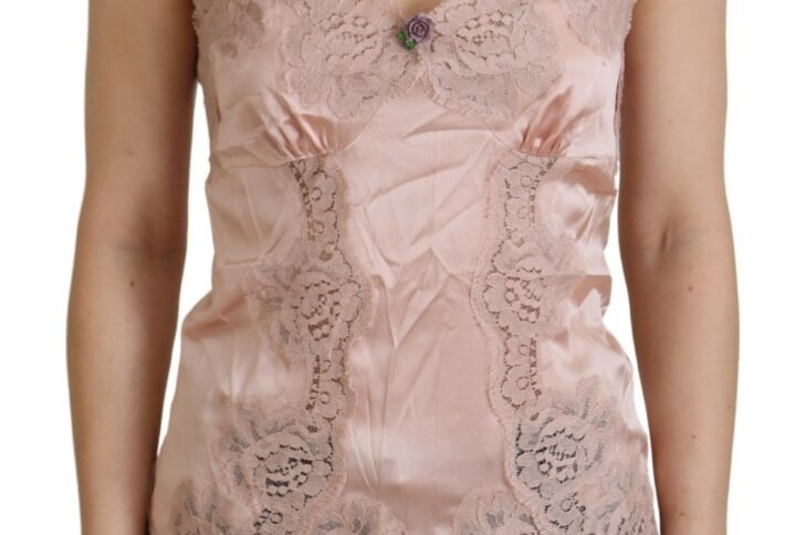 Pink Satin Lace Roses Tank Top Lingerie - Jag Couture London