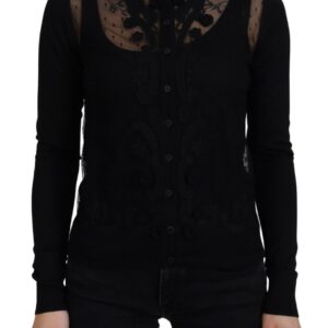 Black Floral Lace Button Cardigan Sweater