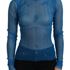 Blue Mesh Turtleneck Long Sleeve Blouse Top