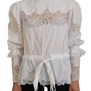 White Cotton Lace Trim Turtle Neck Blouse Top