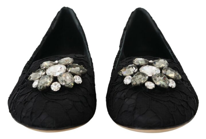 Black Taormina Lace Crystals Flats Shoes - Jag Couture London