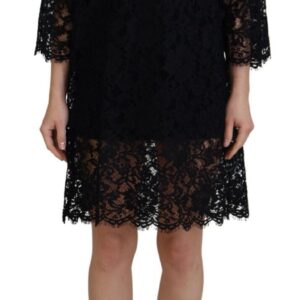 Black Floral Lace Cotton Shift Mini Dress