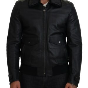 Black Lamb Leather Collared Men Coat Jacket