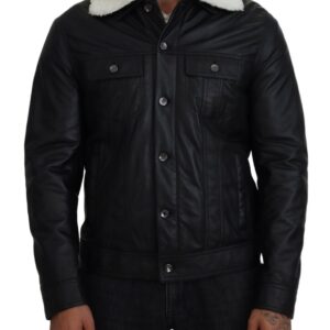 Black Lamb Leather Collared Men Coat Jacket