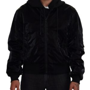 Black Nylon Hooded Full Zip Bomber Jacket