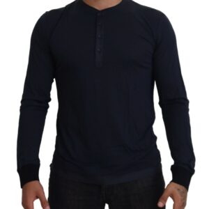 Blue Cotton Button Crewneck Pullover Sweater
