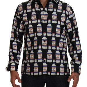 Black Silk Printed Collared Men Casual Shirt