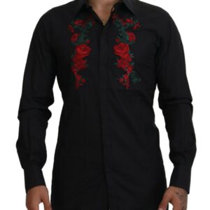 Black Floral Embroidery Men Long Sleeves GOLD Shirt