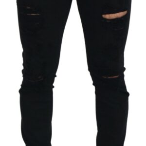 Black Slim Fit Tattered Denim Cotton Jeans