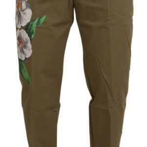 Beige Cotton Stretch Floral Chinos Pants
