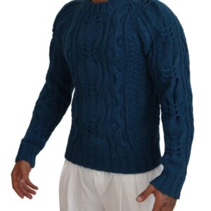 Blue Knitted Wool Alpaca Pullover Sweater