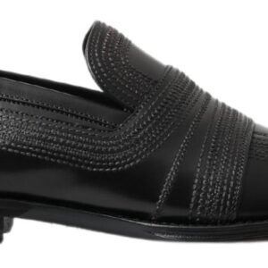 Black Leather Slipper Loafers Stitched Shoes