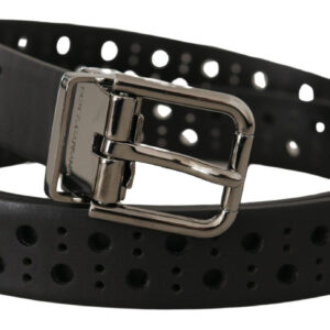Black Calf Leather Perforated Metal Buckle Belt