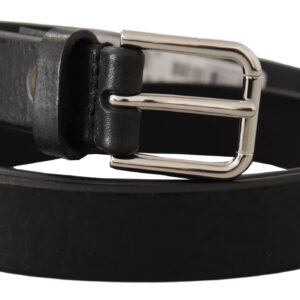 Black Calf Leather Silver Tone Logo Metal Buckle Belt