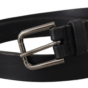 Black Calf Leather Logo Engraved Metal Buckle Belt