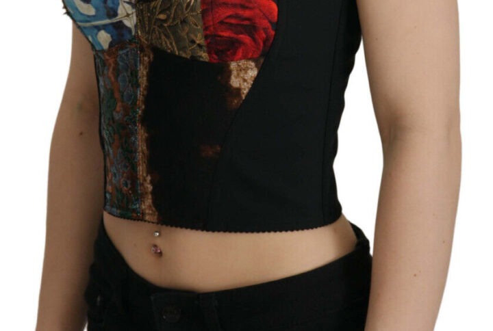 Black Patchwork Sicily Blouse Corset Cropped Top - Jag Couture London