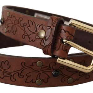 Brown Leather Floral Studded Metal Buckle Belt