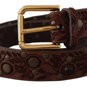 Brown Calf Leather Embossed Gold Metal Buckle
