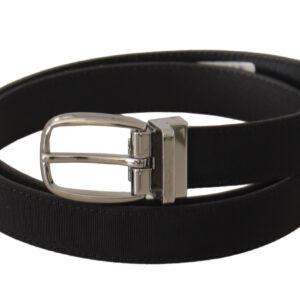 Black Calf Canvas Silver Tone Logo Metal Belt