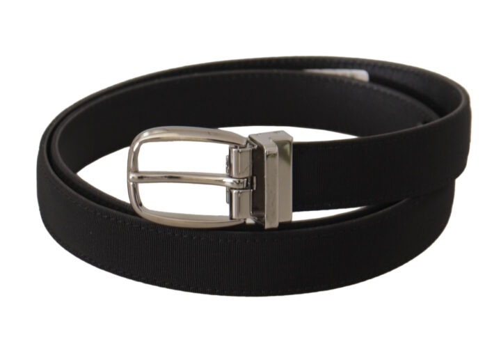 Black Calf Canvas Silver Tone Logo Metal Belt - Jag Couture London