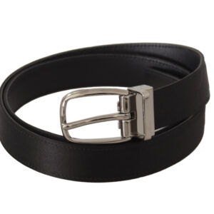 Black Calf Leather Silver Logo Metal Buckle Belt