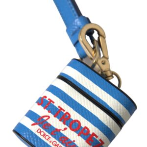 Blue Stripe Dauphine Leather Logo Print Airpod Case