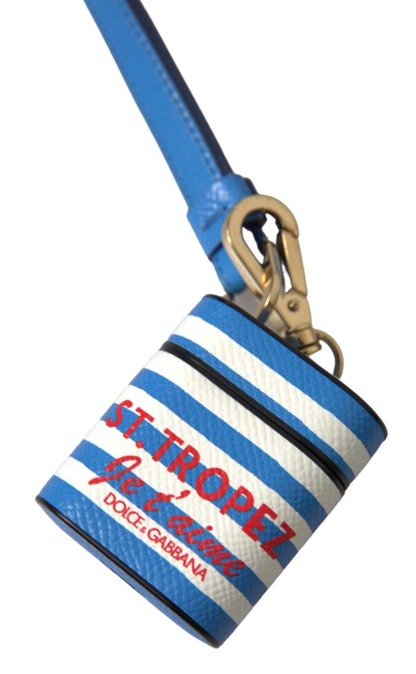 Blue Stripe Dauphine Leather Logo Print Airpod Case