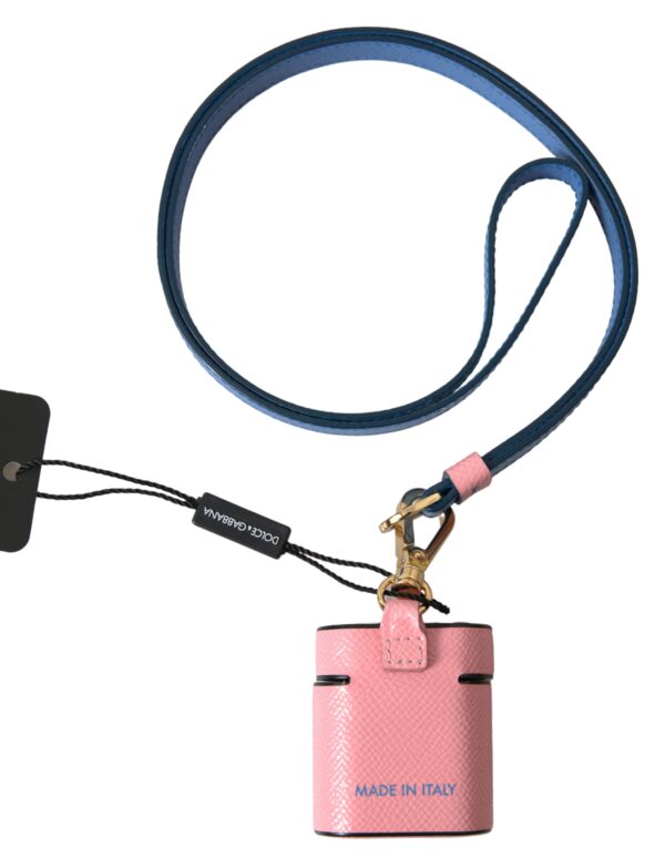 Pink Blue Calf Leather Logo Print Strap Airpods Case