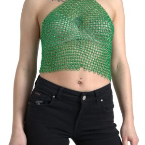 Green Aluminum Sleeveless Halter Cropped Tank Top